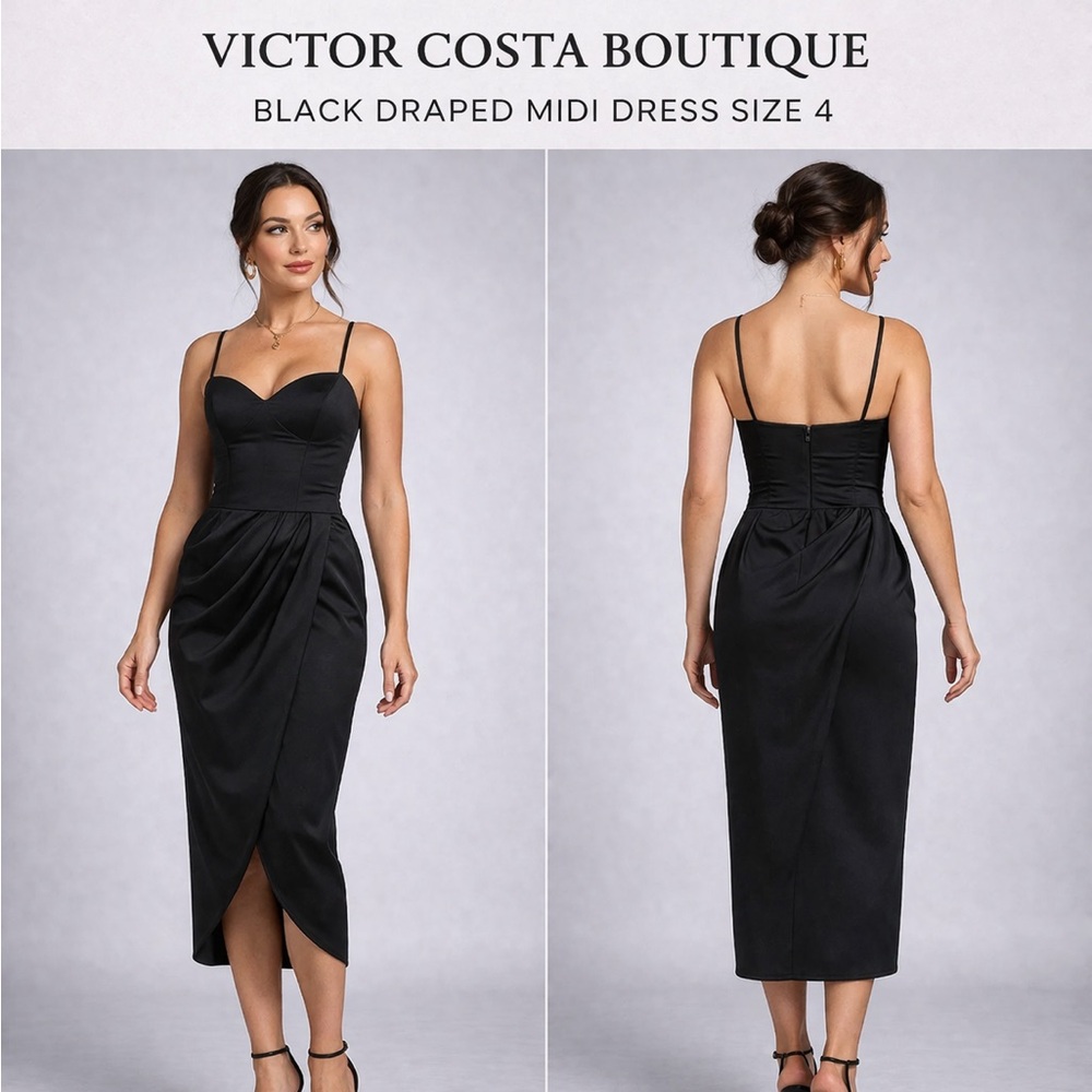 VICTOR COSTA BLACK DRAPED MIDI DRESS SZ 4